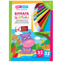 Цветная бумага А4 32 листа 32 цвета мелованная двухсторонняя (ArtSpace) Бегемот на скобе арт.Нб32-32мдв_28802
