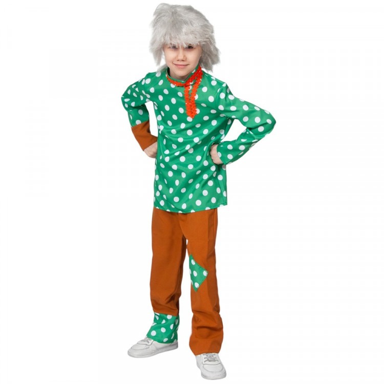 Костюм М (СКАЗКА) Домовёнок (рубаха,брюки,парик) р.110-128 цв.коричневый/зелный ткань арт.5012