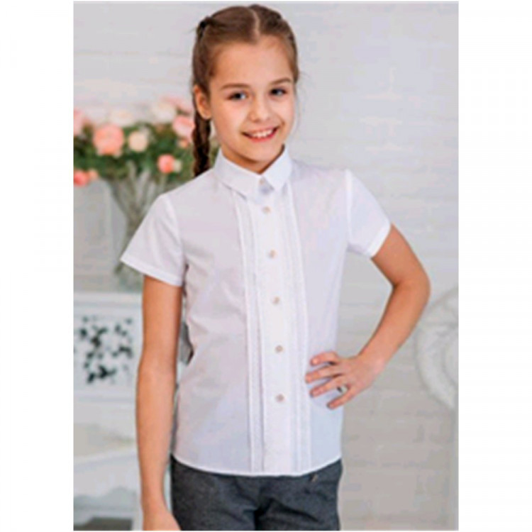 Блузка для девочки (Ажур) короткий рукав цвет белый арт.01/16-к размерный ряд 30/128-36/146