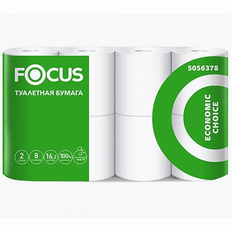 Бумага туалетная 2-слоя втулка 8 рулонов в упаковке 17м белая Focus Economic