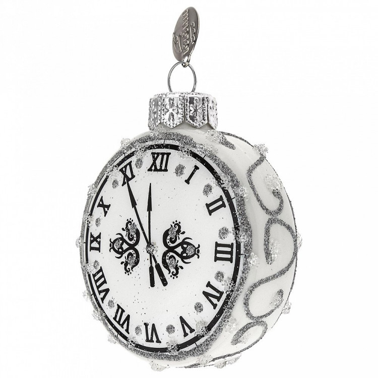 Украшение на ёлку стекло (серия Премиум) 07,5см "Часы-круглые" серебро п/у арт.АУ-169/2