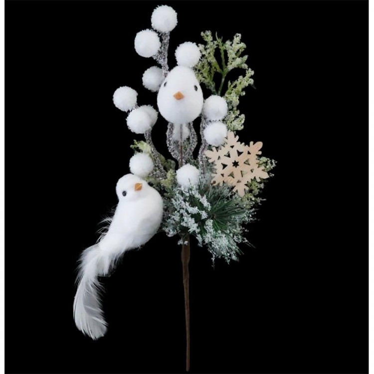 Украшение декоративное "Ветка. Хвоя, ягоды, птичка белая" 26,5см арт.91245