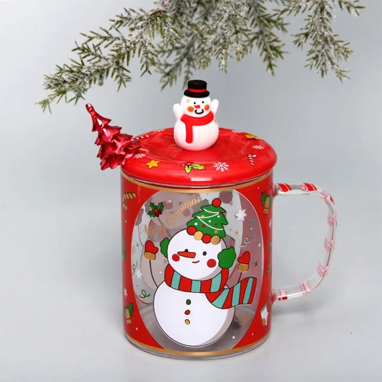 Кружка стеклянная 400мл "Забавные Снеговики" с крышкой и ложкой, п/уп. арт.891-0614