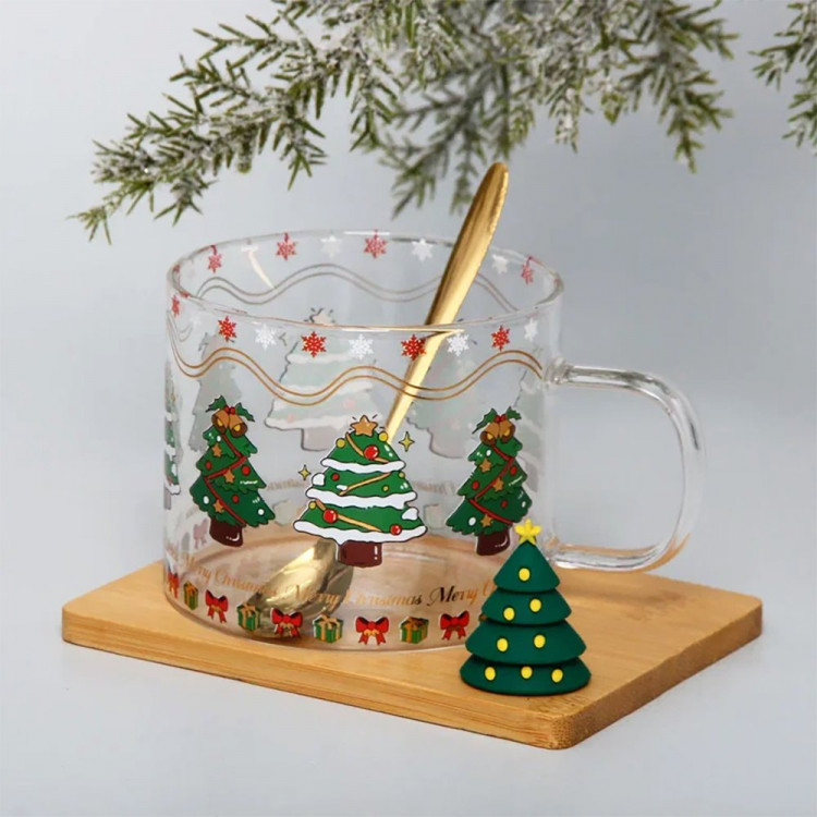 Кружка стеклянная 280мл "Ёлочка" на бамбуковой подставке с ложкой, п/уп. арт.891-0617