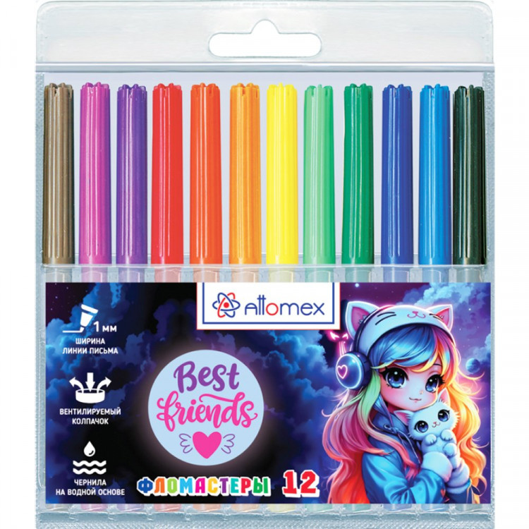 Фломастеры (Attomex) Best Friends 12 цветов вентилируемый колпачок, пластиковый блистер арт.5081618