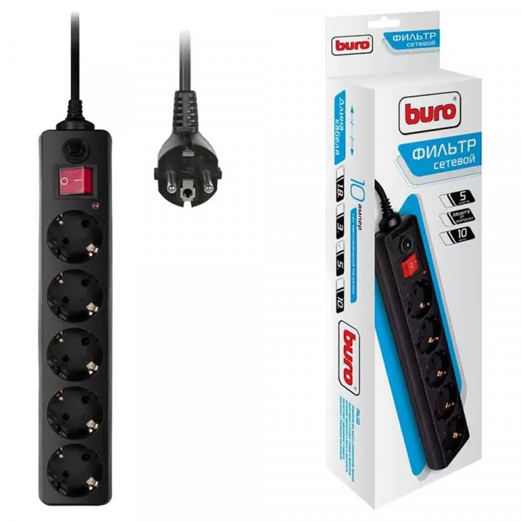 Сетевой фильтр BURO 500SH-5-B, 5м, 5 розеток черный Сетевой фильтр BURO 500SH-5-B, 5м, 5 розеток черный