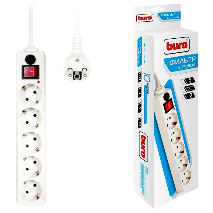 Сетевой фильтр BURO 500SH-5-W, 5м, 5 розеток белый Сетевой фильтр BURO 500SH-5-W, 5м, 5 розеток белый