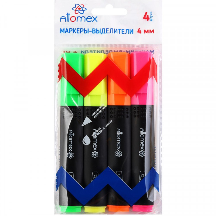 Набор текстовыделителей Attomex 1-4мм, 4 цвета (желтый/зеленый/оранжевый/розвый) арт.5045304
